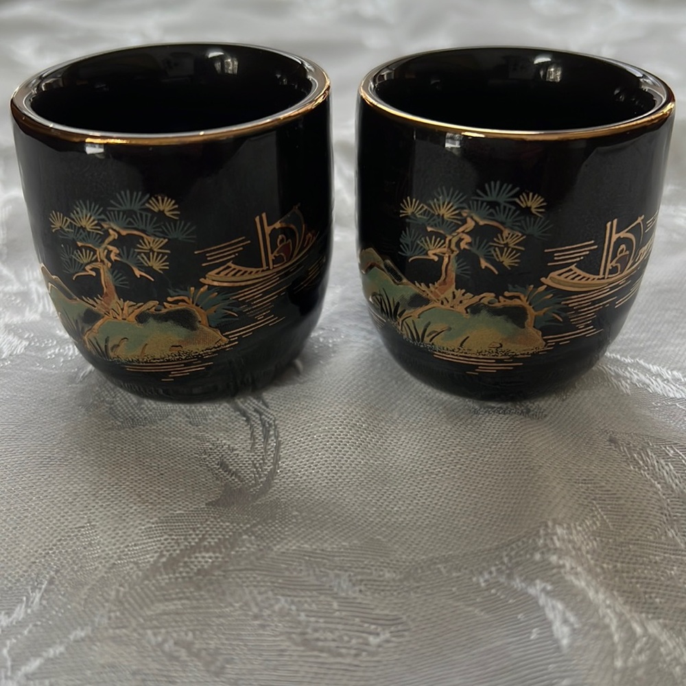 Saki cups Set of two - Gold trim - traditional boat and water scene. Beautiful